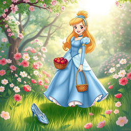 A whimsical and enchanting illustration of Cinderella, dressed in her iconic blue ball gown, with her long flowing hair elegantly styled