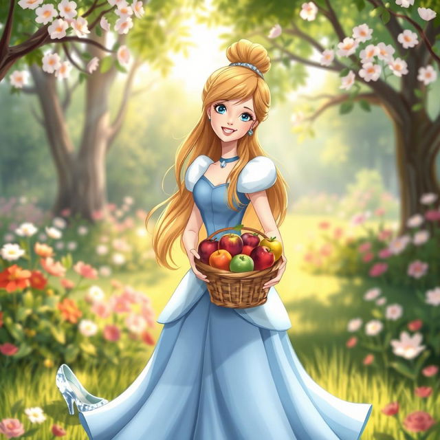 A whimsical and enchanting illustration of Cinderella, dressed in her iconic blue ball gown, with her long flowing hair elegantly styled