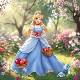 A whimsical and enchanting illustration of Cinderella, dressed in her iconic blue ball gown, with her long flowing hair elegantly styled
