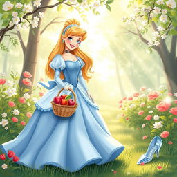 A whimsical and enchanting illustration of Cinderella, dressed in her iconic blue ball gown, with her long flowing hair elegantly styled