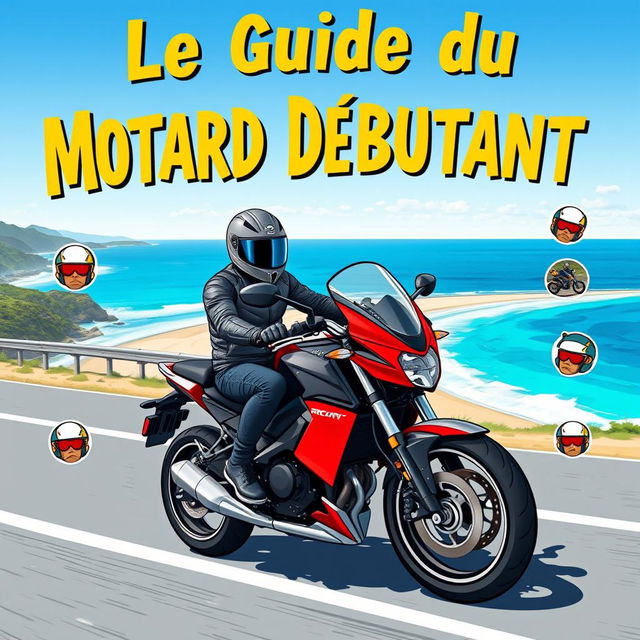 A visually appealing illustration representing 'Le Guide du Motard Débutant' showcasing a newbie motorcyclist confidently riding a sleek motorcycle along a scenic coastal highway