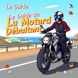 A visually appealing illustration representing 'Le Guide du Motard Débutant' showcasing a newbie motorcyclist confidently riding a sleek motorcycle along a scenic coastal highway