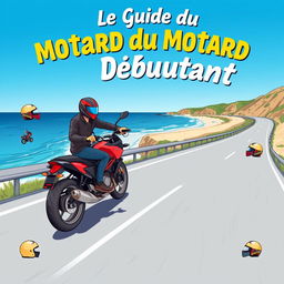 A visually appealing illustration representing 'Le Guide du Motard Débutant' showcasing a newbie motorcyclist confidently riding a sleek motorcycle along a scenic coastal highway