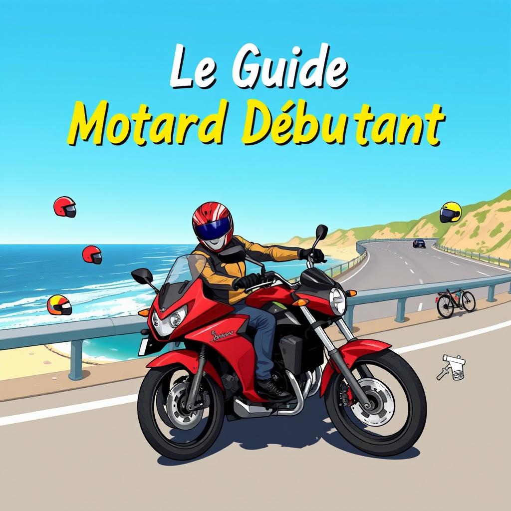 A visually appealing illustration representing 'Le Guide du Motard Débutant' showcasing a newbie motorcyclist confidently riding a sleek motorcycle along a scenic coastal highway