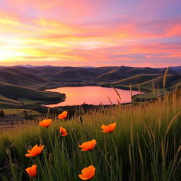 A clear image of a picturesque landscape at sunset featuring rolling hills and a vibrant sky painted in shades of orange, pink, and purple