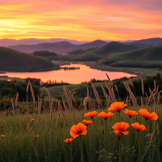 A clear image of a picturesque landscape at sunset featuring rolling hills and a vibrant sky painted in shades of orange, pink, and purple