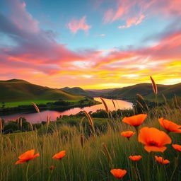 A clear image of a picturesque landscape at sunset featuring rolling hills and a vibrant sky painted in shades of orange, pink, and purple