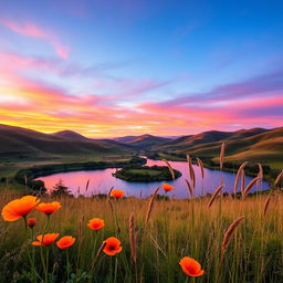 A clear image of a picturesque landscape at sunset featuring rolling hills and a vibrant sky painted in shades of orange, pink, and purple