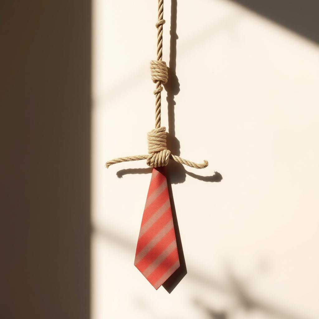 A striking image of a noose designed in the shape of an American tie, elegantly twisted and arranged to resemble a traditional bow tie style