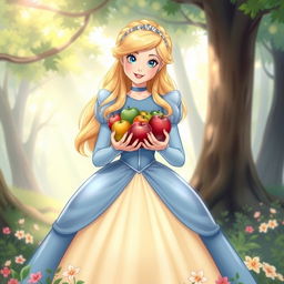 A beautiful, enchanting illustration of Cinderella in her iconic blue gown, gracefully holding a bunch of vibrant red and green apples in her hands