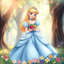 A beautiful, enchanting illustration of Cinderella in her iconic blue gown, gracefully holding a bunch of vibrant red and green apples in her hands