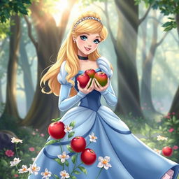 A beautiful, enchanting illustration of Cinderella in her iconic blue gown, gracefully holding a bunch of vibrant red and green apples in her hands