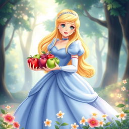 A beautiful, enchanting illustration of Cinderella in her iconic blue gown, gracefully holding a bunch of vibrant red and green apples in her hands
