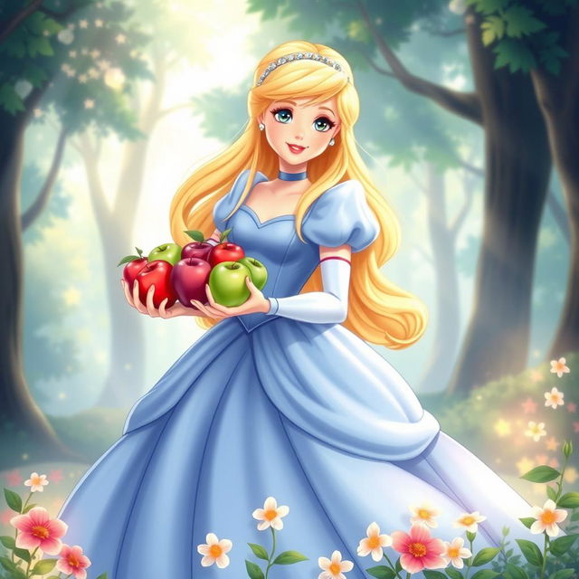 A beautiful, enchanting illustration of Cinderella in her iconic blue gown, gracefully holding a bunch of vibrant red and green apples in her hands