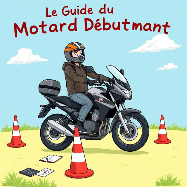 A detailed and engaging illustration titled 'Le Guide du Motard Débutant', featuring a beginner motorcyclist dressed in protective gear, practicing motorcycle riding in a safe, open area