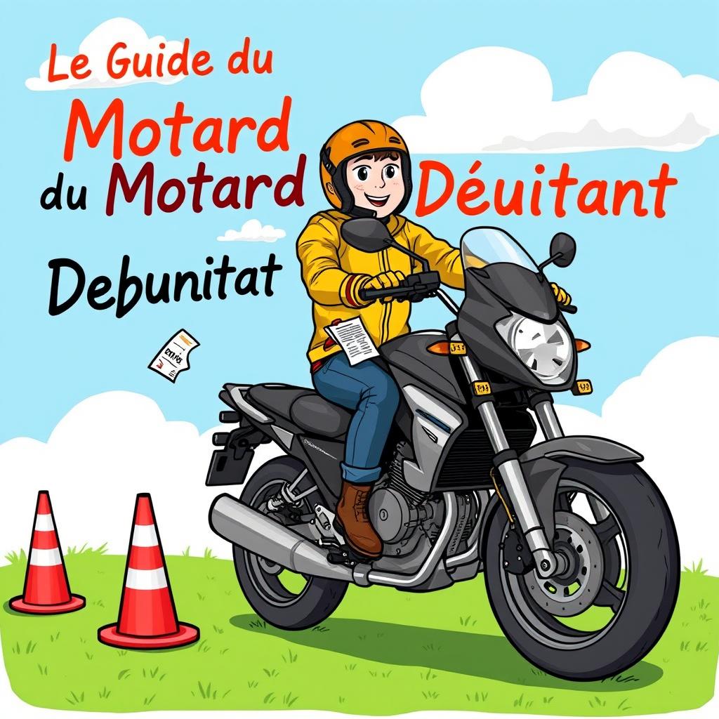 A detailed and engaging illustration titled 'Le Guide du Motard Débutant', featuring a beginner motorcyclist dressed in protective gear, practicing motorcycle riding in a safe, open area