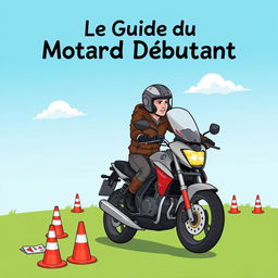 A detailed and engaging illustration titled 'Le Guide du Motard Débutant', featuring a beginner motorcyclist dressed in protective gear, practicing motorcycle riding in a safe, open area