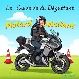 A detailed and engaging illustration titled 'Le Guide du Motard Débutant', featuring a beginner motorcyclist dressed in protective gear, practicing motorcycle riding in a safe, open area