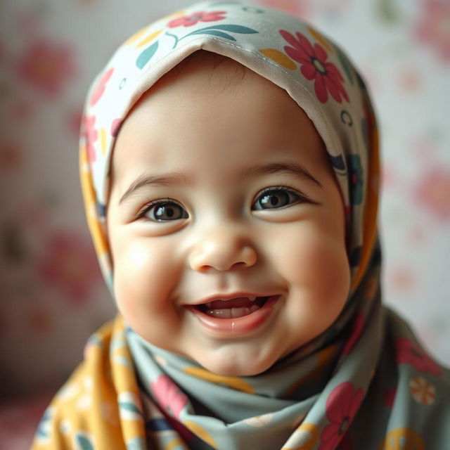 A sweet and adorable baby girl wearing a colorful hijab, smiling brightly