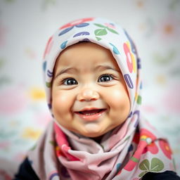 A sweet and adorable baby girl wearing a colorful hijab, smiling brightly