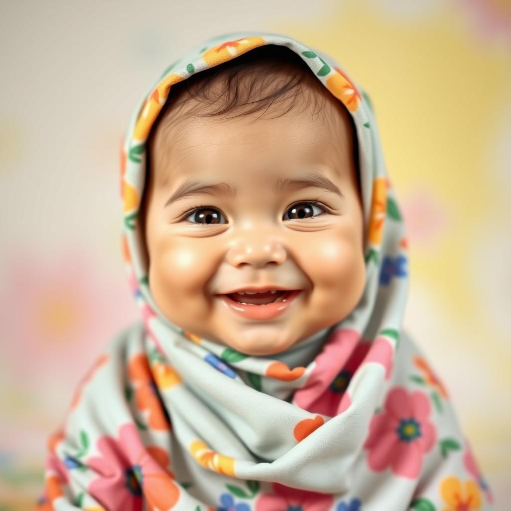 A sweet and adorable baby girl wearing a colorful hijab, smiling brightly