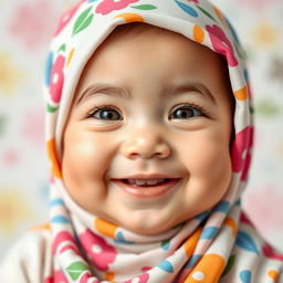 A sweet and adorable baby girl wearing a colorful hijab, smiling brightly
