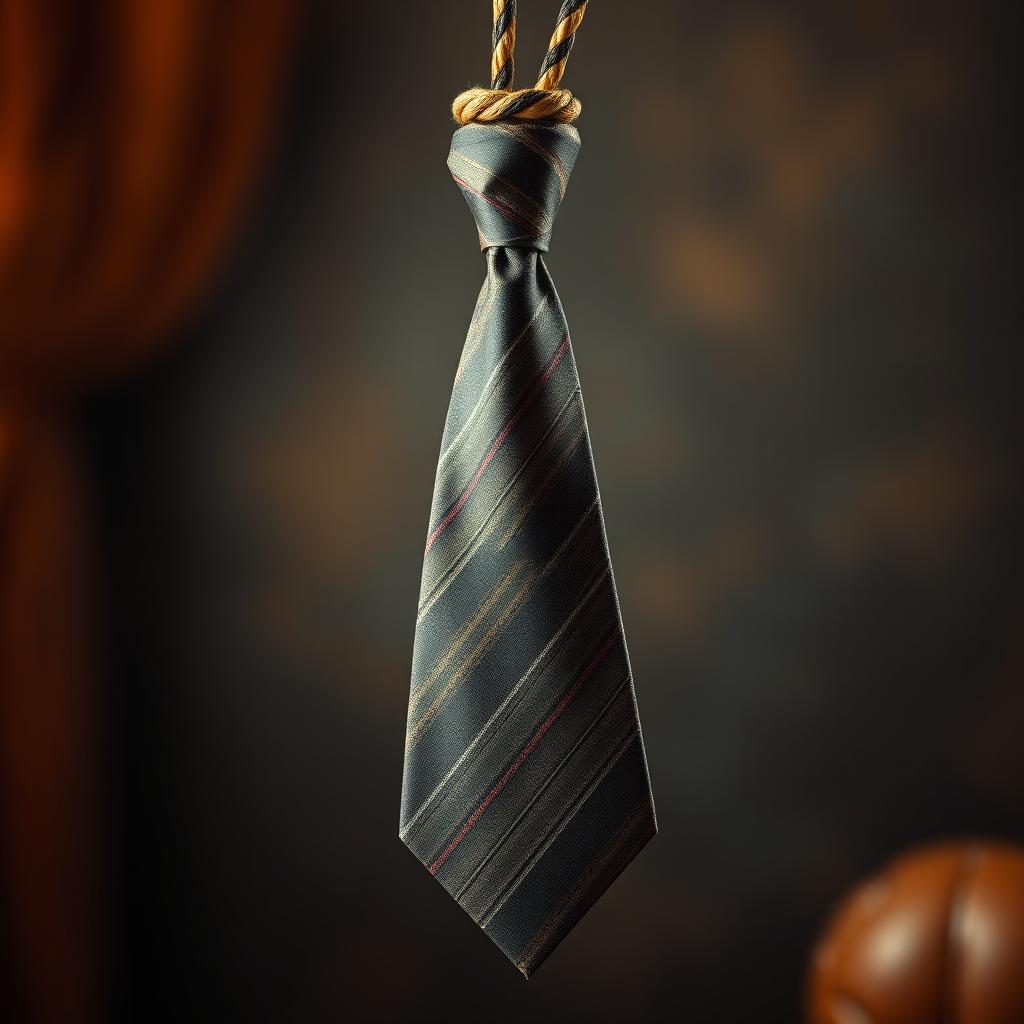 A visually striking and creative image of a tie designed to resemble a noose, showcasing intricate patterns and textures