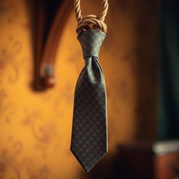 A visually striking and creative image of a tie designed to resemble a noose, showcasing intricate patterns and textures