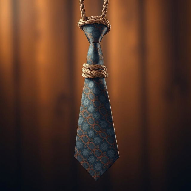 A visually striking and creative image of a tie designed to resemble a noose, showcasing intricate patterns and textures