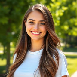 A close-up portrait of a confident young woman with long, flowing brown hair, standing outdoors in a sunny environment
