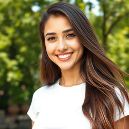 A close-up portrait of a confident young woman with long, flowing brown hair, standing outdoors in a sunny environment