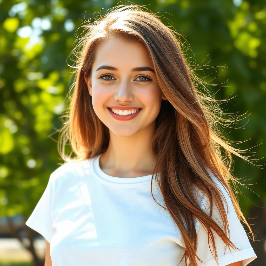 A close-up portrait of a confident young woman with long, flowing brown hair, standing outdoors in a sunny environment