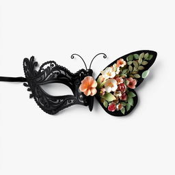 A beautifully balanced design featuring a left side with a black lace ball mask, intricately embroidered with fine details, exuding an air of mystery and sophistication