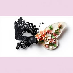 A beautifully balanced design featuring a left side with a black lace ball mask, intricately embroidered with fine details, exuding an air of mystery and sophistication