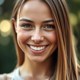 A realistic photograph of a woman's face, showcasing her features clearly, with an average body mass index of 25