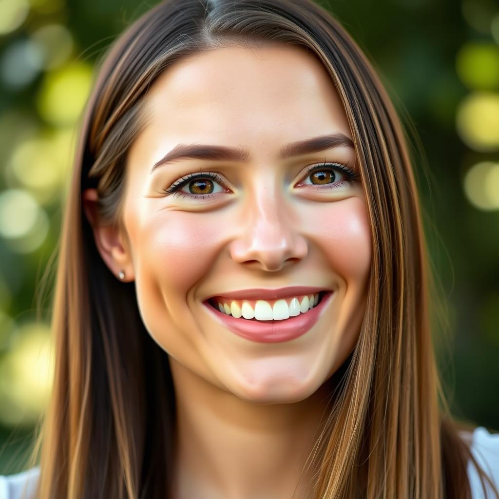 A realistic photograph of a woman's face, showcasing her features clearly, with an average body mass index of 25