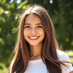 A close-up portrait of a confident young woman with long, flowing brown hair, standing outdoors in a sunny environment