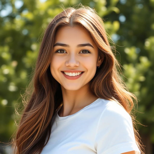 A close-up portrait of a confident young woman with long, flowing brown hair, standing outdoors in a sunny environment