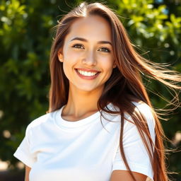 A close-up portrait of a confident young woman with long, flowing brown hair, standing outdoors in a sunny environment