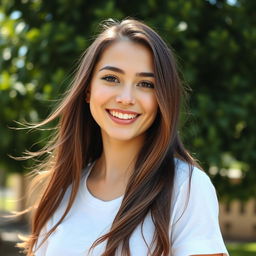 A close-up portrait of a confident young woman with long, flowing brown hair, standing outdoors in a sunny environment