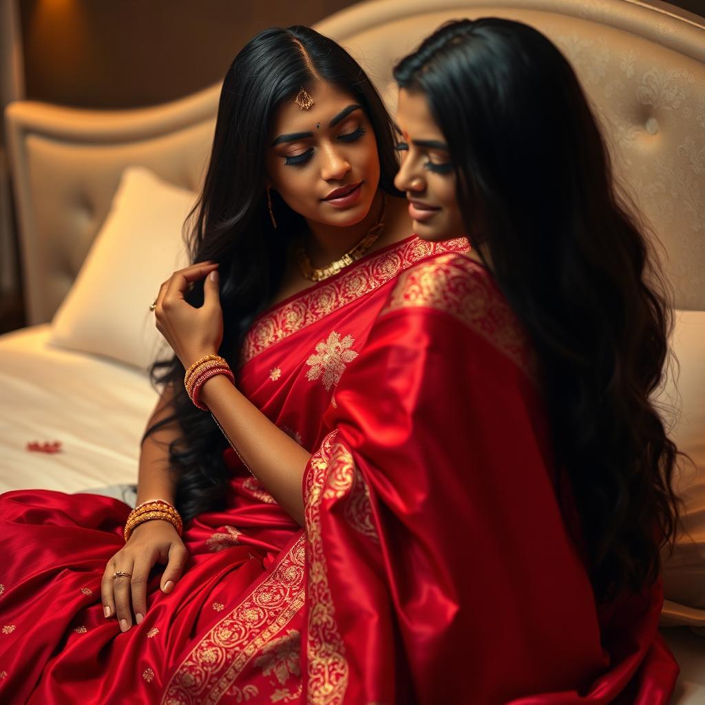 A 26-year-old Odia woman with long black hair and smooth skin, showcasing a stunning Indian bridal saree in rich red hues, gently lowering her saree from her shoulder while sitting on a plush bed