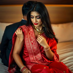 A 26-year-old Odia woman with long black hair and smooth skin, showcasing a stunning Indian bridal saree in rich red hues, gently lowering her saree from her shoulder while sitting on a plush bed