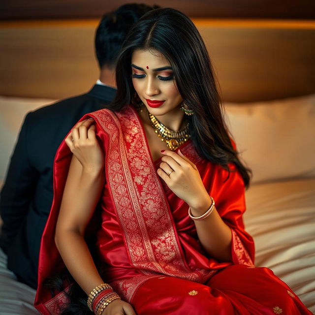 A 26-year-old Odia woman with long black hair and smooth skin, showcasing a stunning Indian bridal saree in rich red hues, gently lowering her saree from her shoulder while sitting on a plush bed