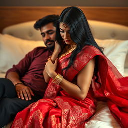 A 26-year-old Odia woman with long black hair and smooth skin, showcasing a stunning Indian bridal saree in rich red hues, gently lowering her saree from her shoulder while sitting on a plush bed
