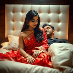 A 26-year-old Odia woman with long black hair and smooth skin, showcasing a stunning Indian bridal saree in rich red hues, gently lowering her saree from her shoulder while sitting on a plush bed
