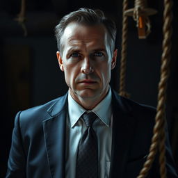 An American man in a formal suit wearing a stylish tie, standing beside a noose with a somber expression