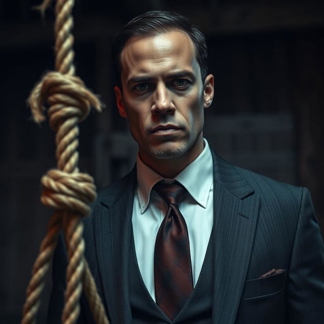 An American man in a formal suit wearing a stylish tie, standing beside a noose with a somber expression