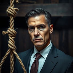 An American man in a formal suit wearing a stylish tie, standing beside a noose with a somber expression