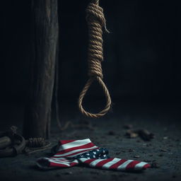 A detailed view of a noose hanging at the base of a gallows, with an American tie lying next to it on the ground