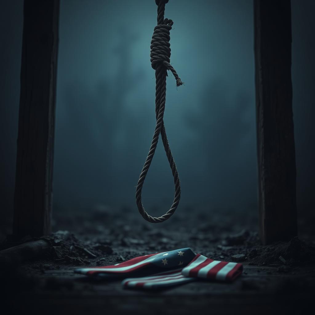 A detailed view of a noose hanging at the base of a gallows, with an American tie lying next to it on the ground